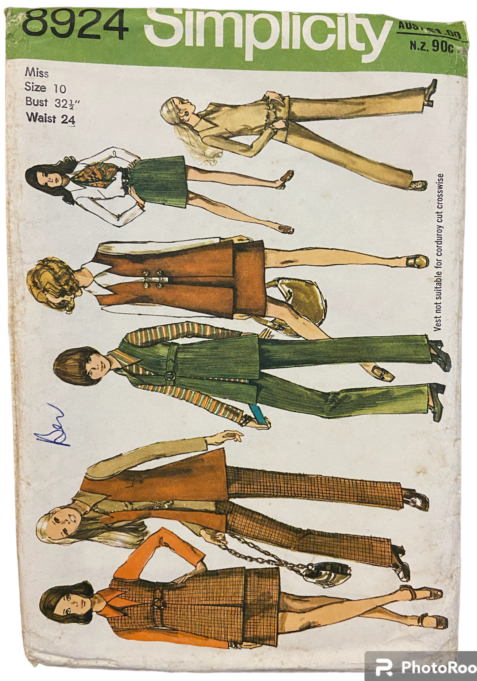 Simplicity 8924 vintage 1970s vest skirt blouse and pants pattern. Bust 32.5
