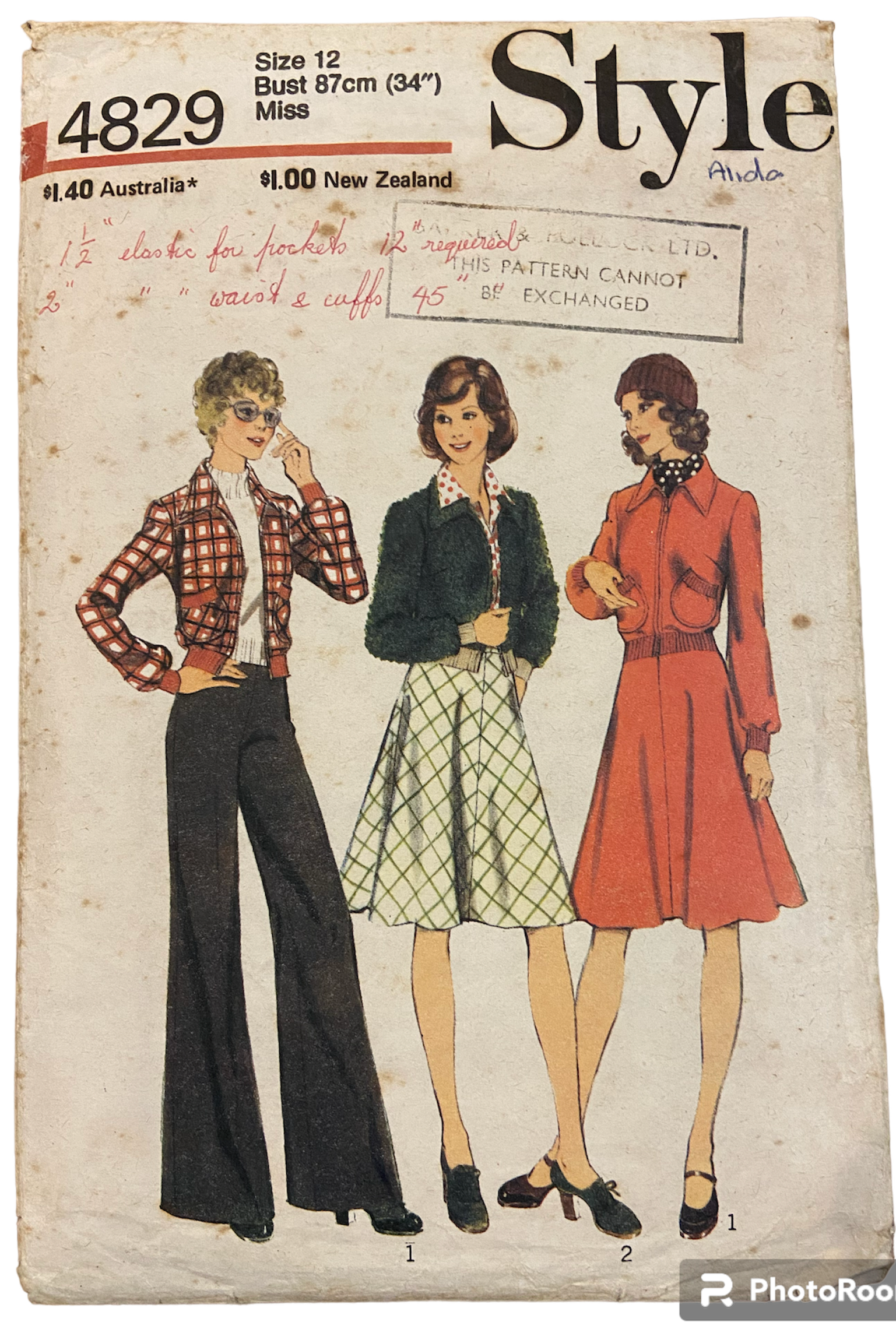 Style 4829 vintage 1970s jacket skirt and trousers sewing pattern Bust 34 inches