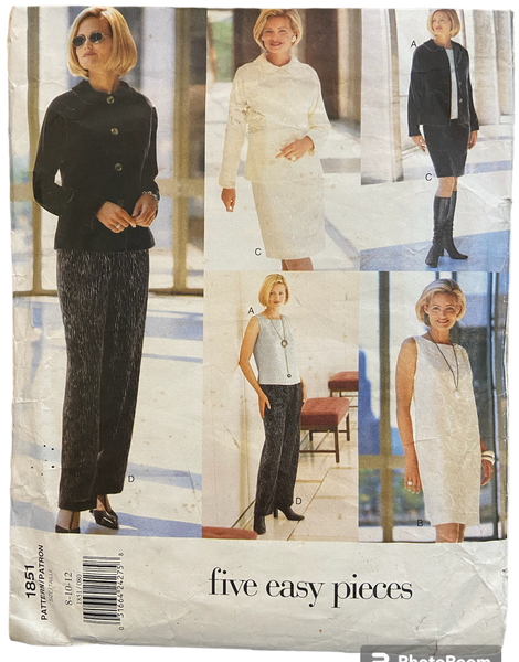 Vogue 1851 five easy pieces vintage 1990s sewing pattern for jacket, top, dress, skirt and pants. Bust 31.5, 32.5, 34 inches