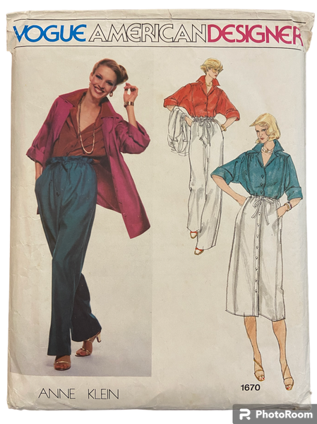 Vogue 1670 Vogue American Designer Anne Klein vintage 1970s jacket, blouse, skirt and pants sewing pattern. Bust 31.5 inches