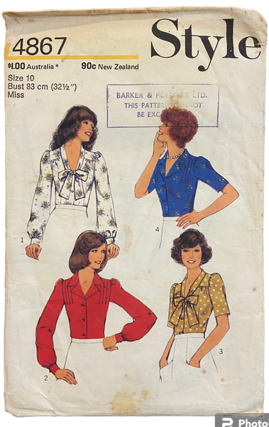 Style 4867 vintage 1970s blouse sewing pattern. Bust 32.5 inches