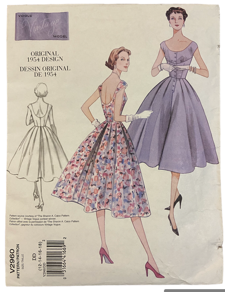 Vogue v2960 vintage 1950s reissued in 2007 dress sewing pattern Bust 34, 36, 38 inches