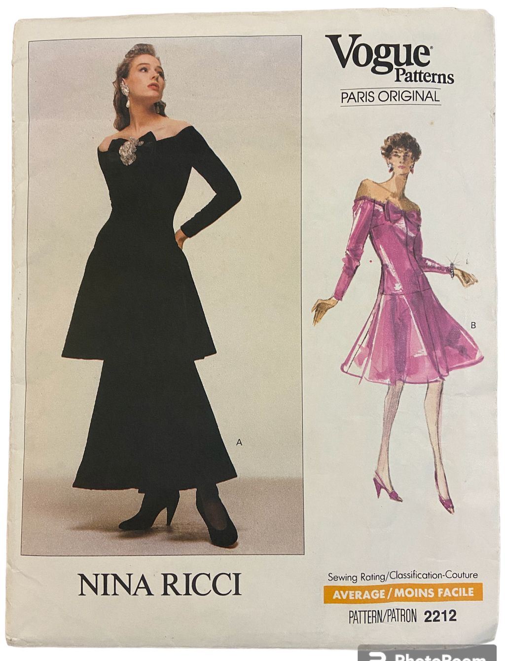 Vogue 2212. Vintage 1980s dress sewing pattern. Vogue Paris original. Nina Ricci. Bust 34, 36, 38 inches