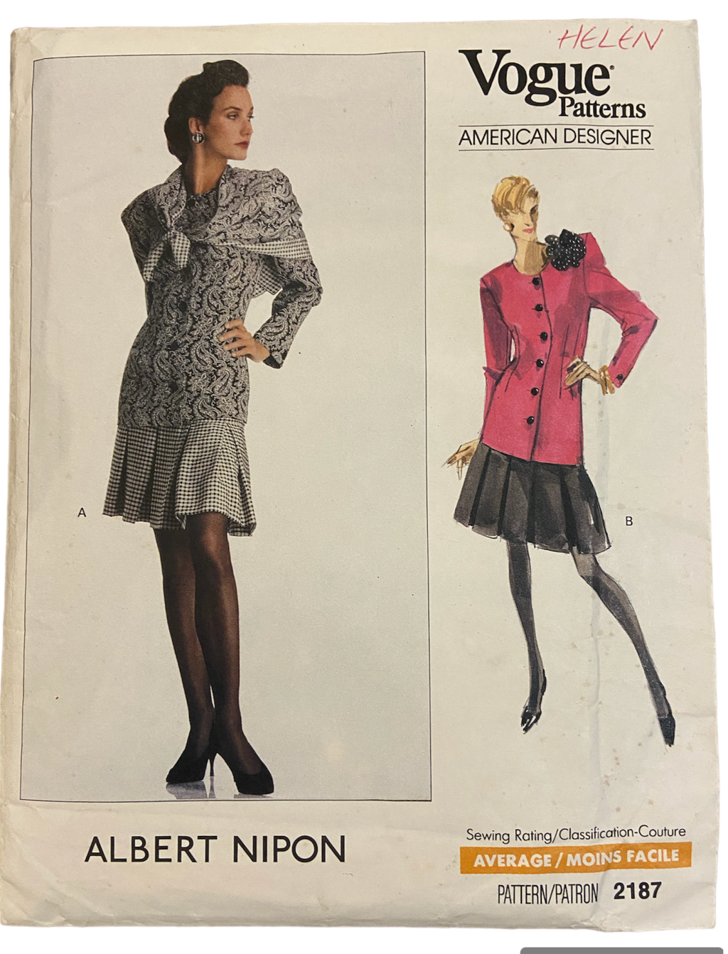 Vogue 2187 vintage 1980s Vogue American Designer Albert Nipon top, scarf and skirt sewing pattern Bust 30.5, 31.5, 32.5 inches.