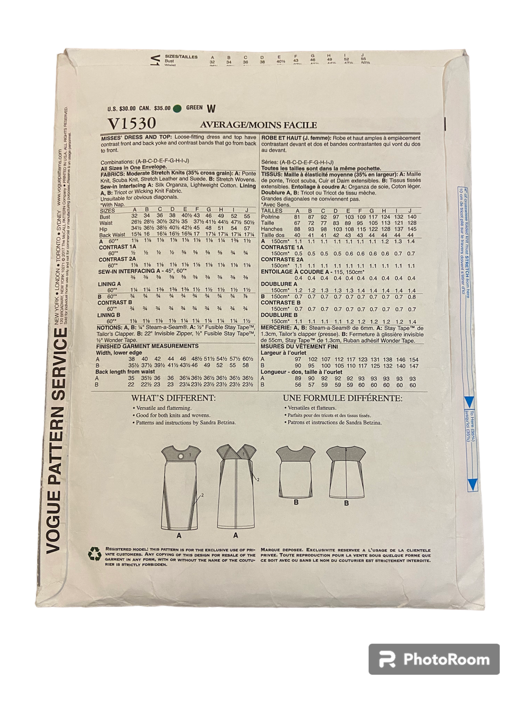 Vogue v1530 vintage 2000s Today's Fit by Sandra Betzina top and dress sewing pattern. Multisize pattern