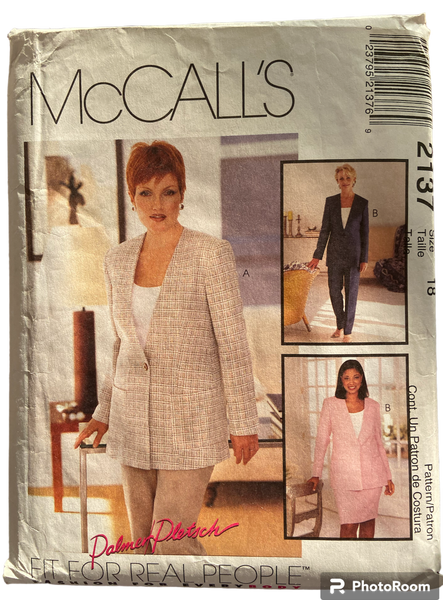 McCall's 2137 vintage Palmer Pletsch 1990s skirt, jacket and pants sewing pattern. Bust 40 inches