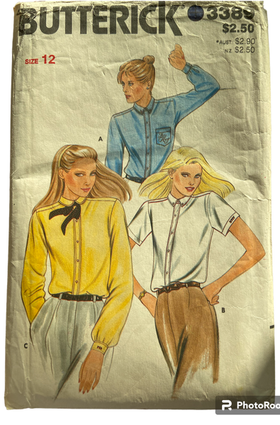 Butterick 3389 vintage late 1970s or early 1980s blouse sewing pattern and monogram transfer. Bust 34 inches.