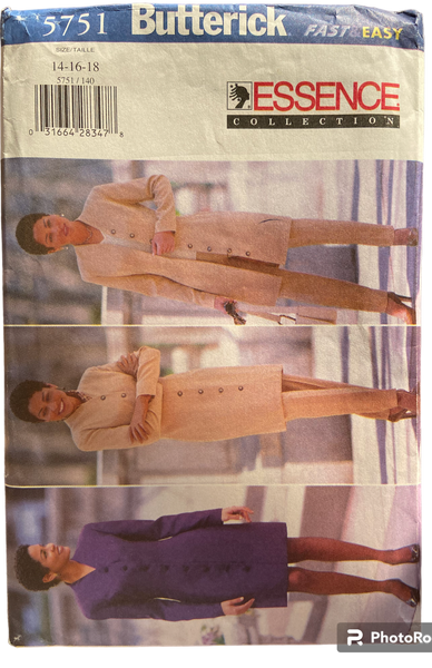 Butterick 5751 Essence Collection vintage 1990s dress, jacket and pants sewing pattern. Bust 36. 38. 40