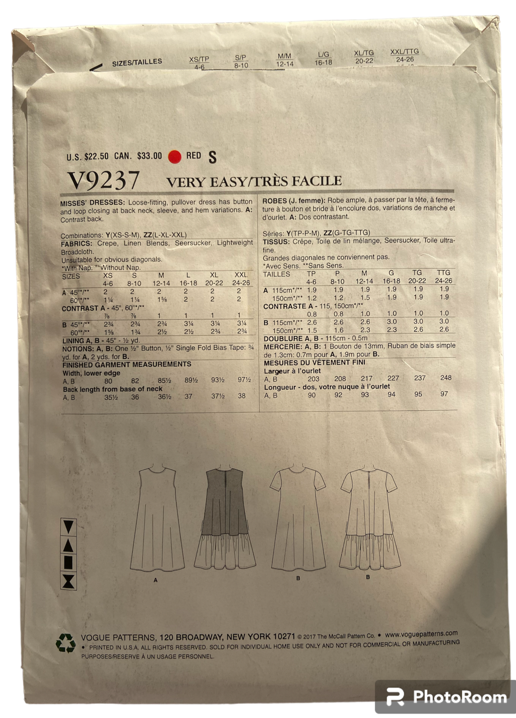Vogue v9237 dress sewing pattern. Bust 29.5, 30.5, 31.5, 32.5, 34, 36 inches