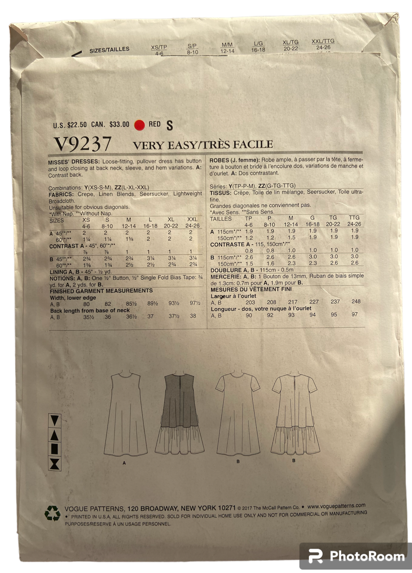 Vogue v9237 dress sewing pattern. Bust 29.5, 30.5, 31.5, 32.5, 34, 36 inches