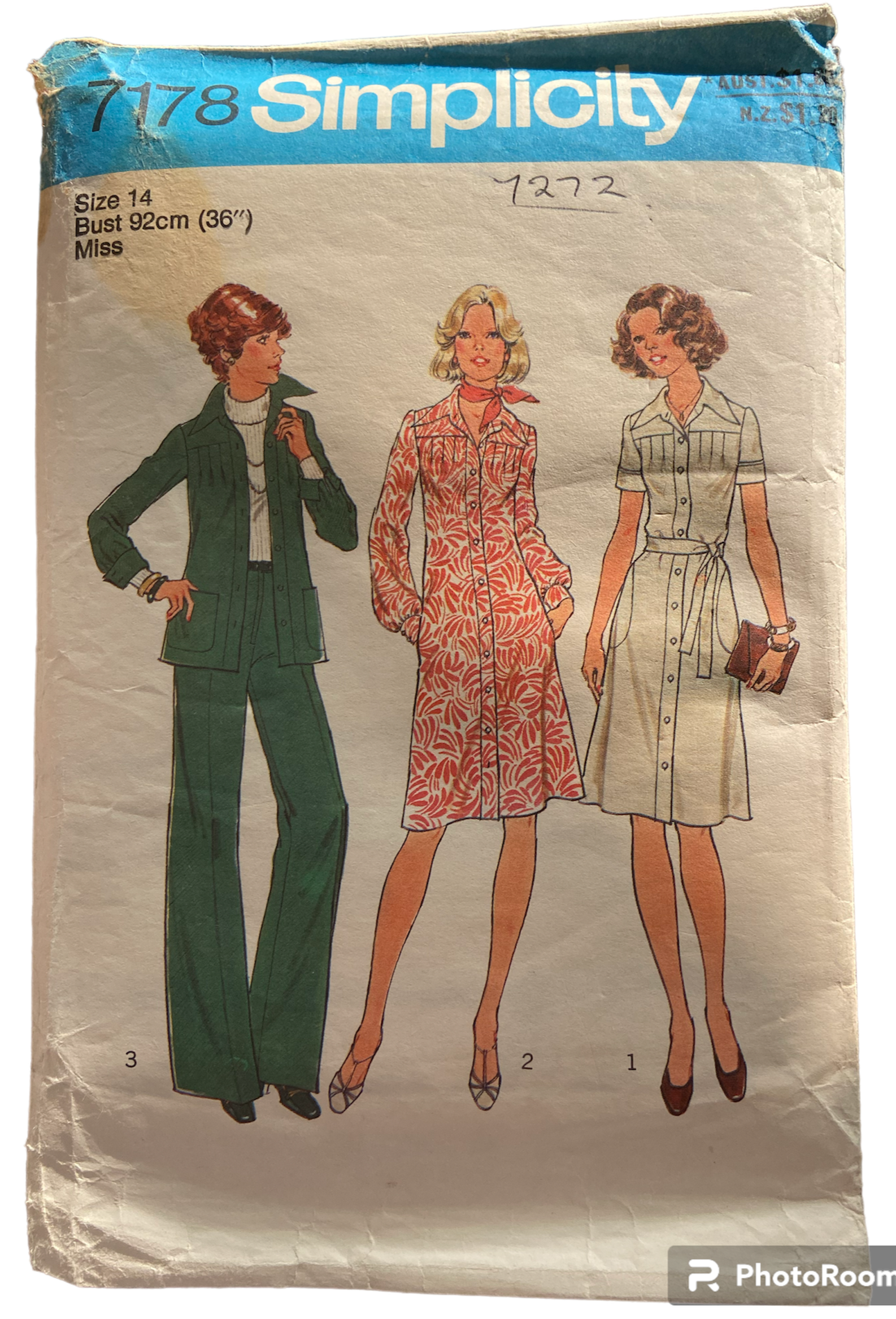 Simplicity 7178 vintage 1970s dress, pants and jacket sewing pattern. Bust 36 inches.