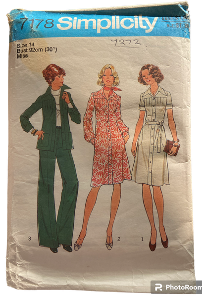 Simplicity 7178 vintage 1970s dress, pants and jacket sewing pattern. Bust 36 inches.