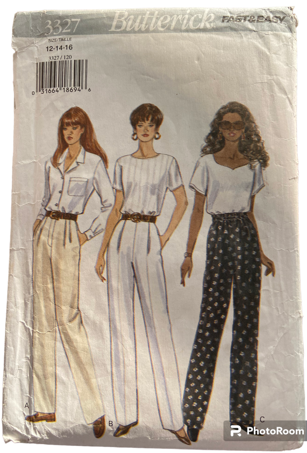 Butterick 3327 vintage 1990s pants sewing pattern. Waist 26.5, 28, 30 inches. Hip 36, 38, 40 inches