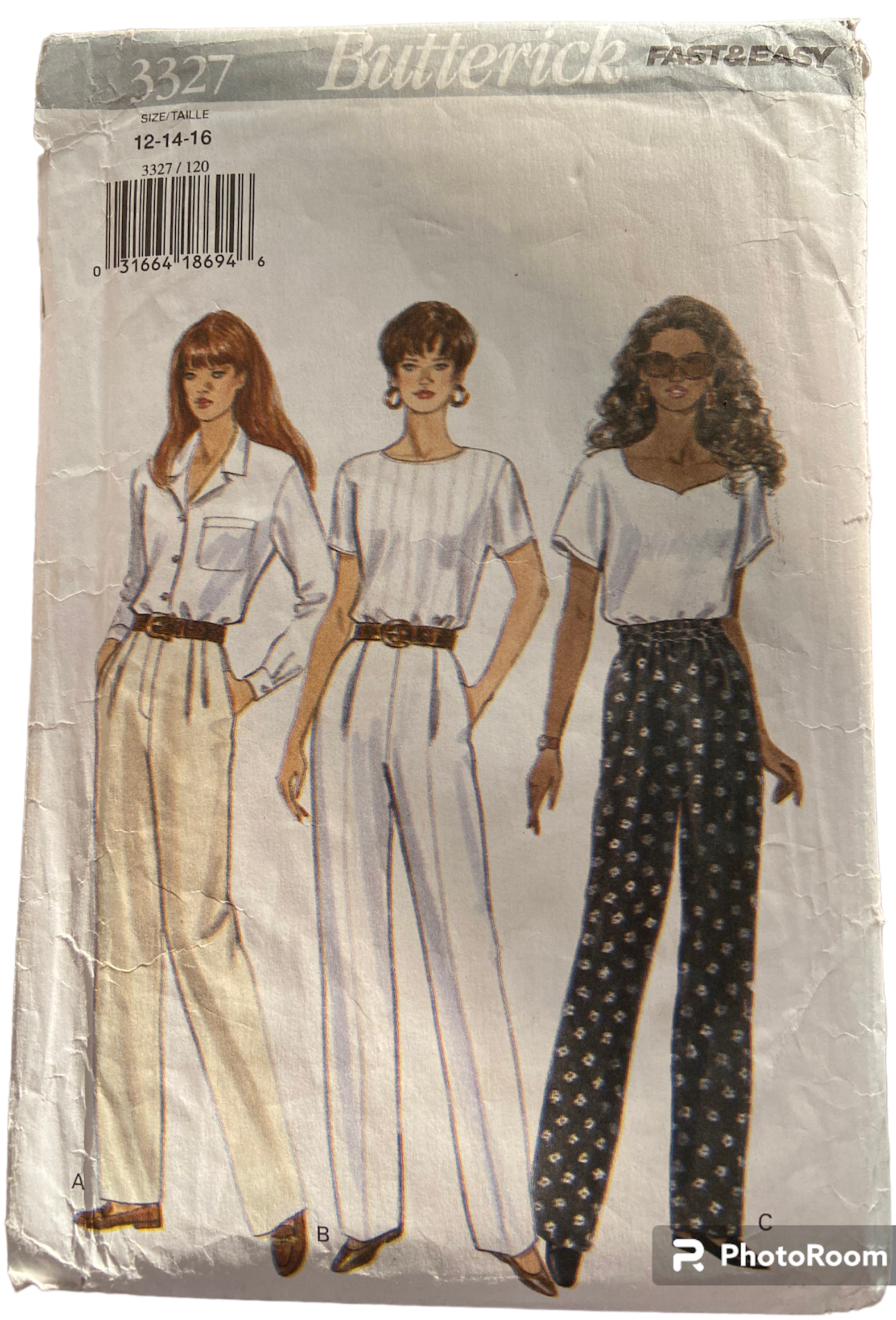 Butterick 3327 vintage 1990s pants sewing pattern. Waist 26.5, 28, 30 inches. Hip 36, 38, 40 inches
