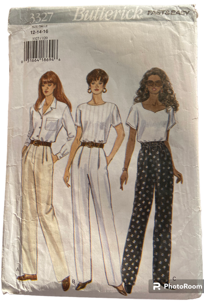 Butterick 3327 vintage 1990s pants sewing pattern. Waist 26.5, 28, 30 inches. Hip 36, 38, 40 inches