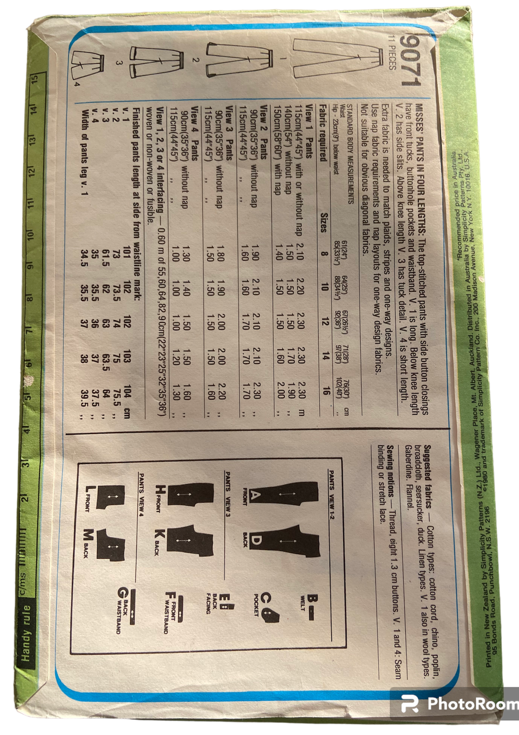 Simplicity 9071 vintage 1970s pants in four lengths sewing pattern. Waist 24 inches, hip 33.5 inches inches.