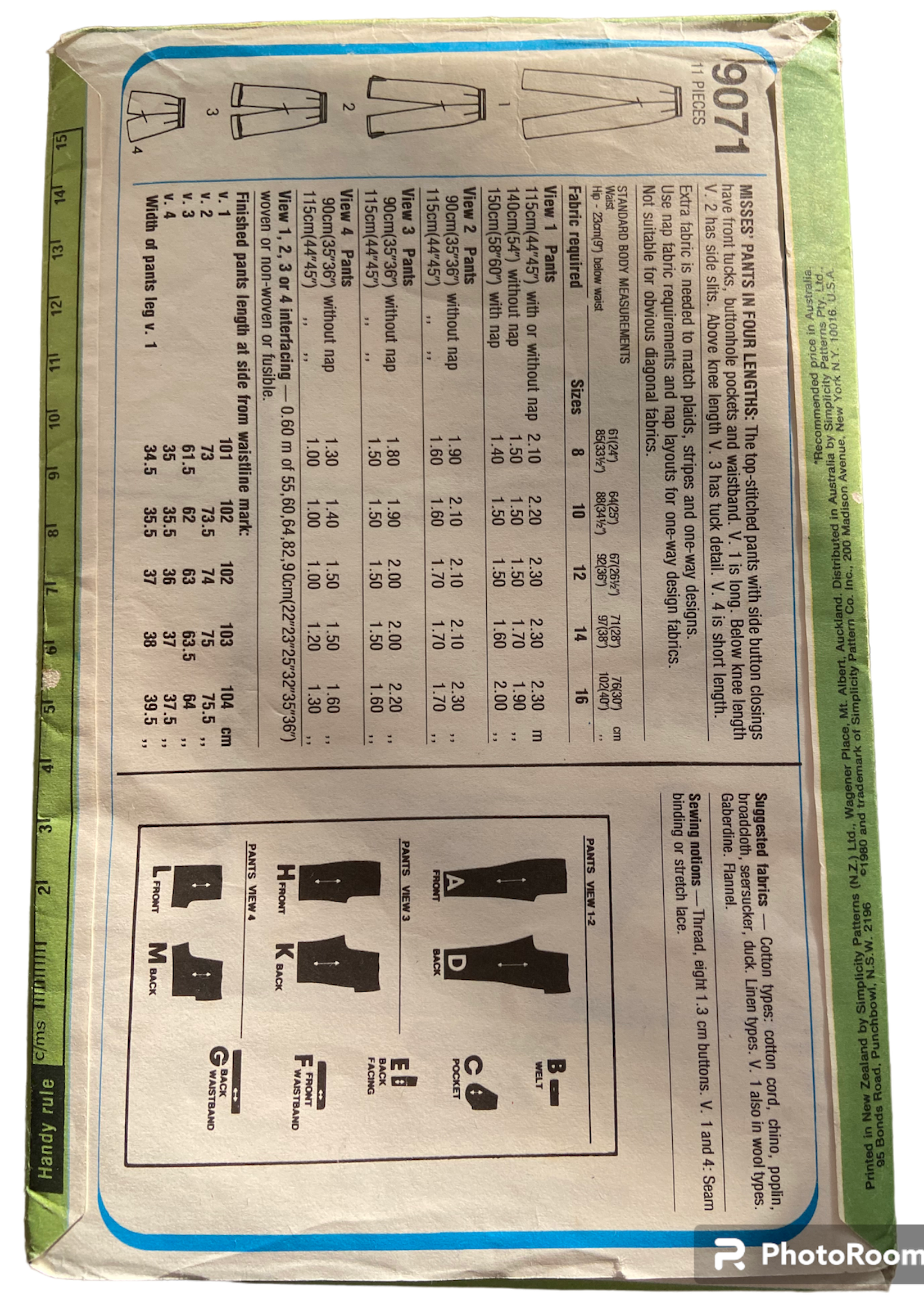 Simplicity 9071 vintage 1970s pants in four lengths sewing pattern. Waist 24 inches, hip 33.5 inches inches.