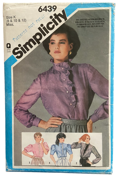 Simplicity 6439 vintage 1980s blouse sewing pattern. Bust 31.5,32.5, 34 inches