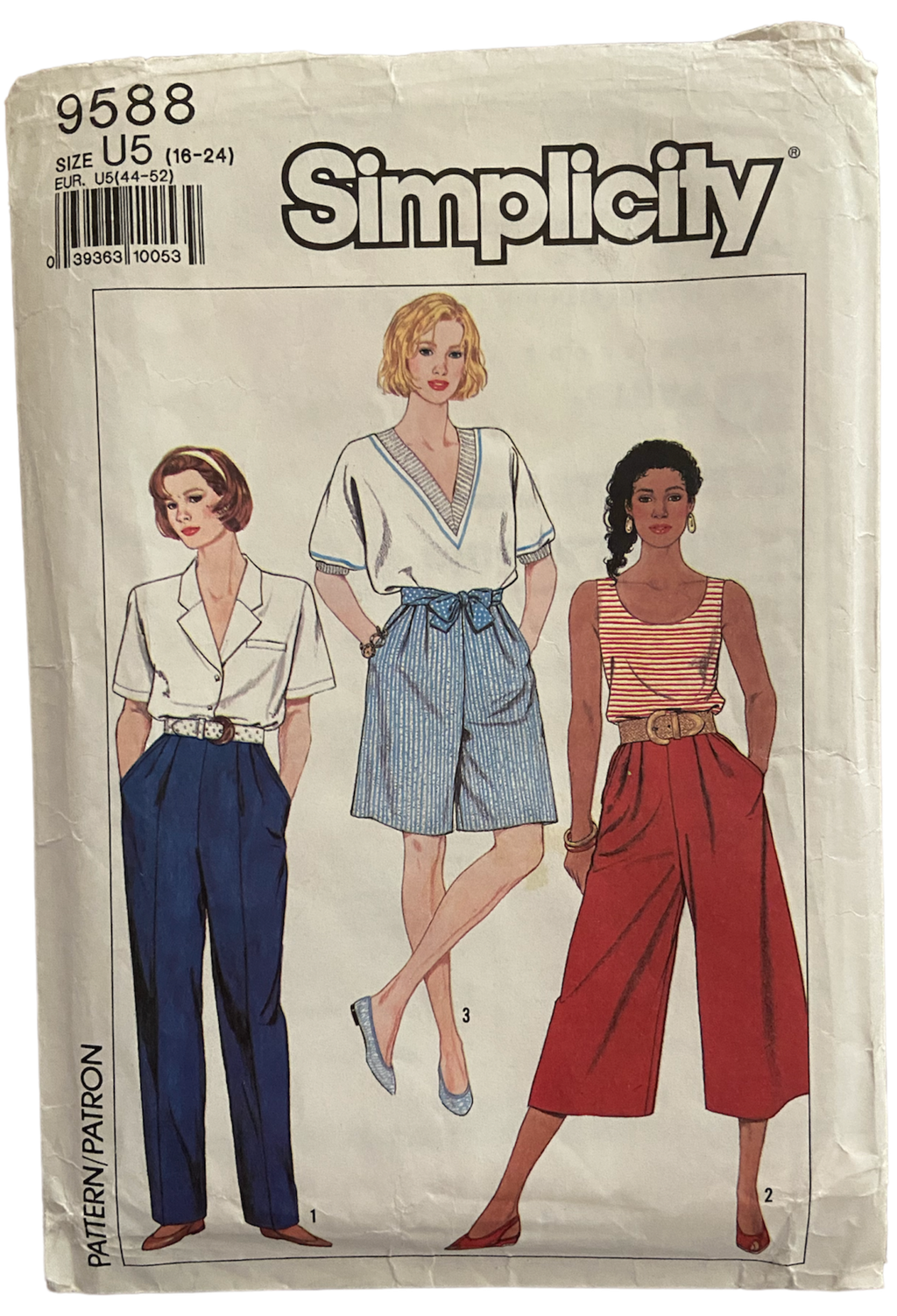 Simplicity 9588 vintage 1990s culottes and pants sewing pattern Waist 30, 32, 34, 37, 39 inches