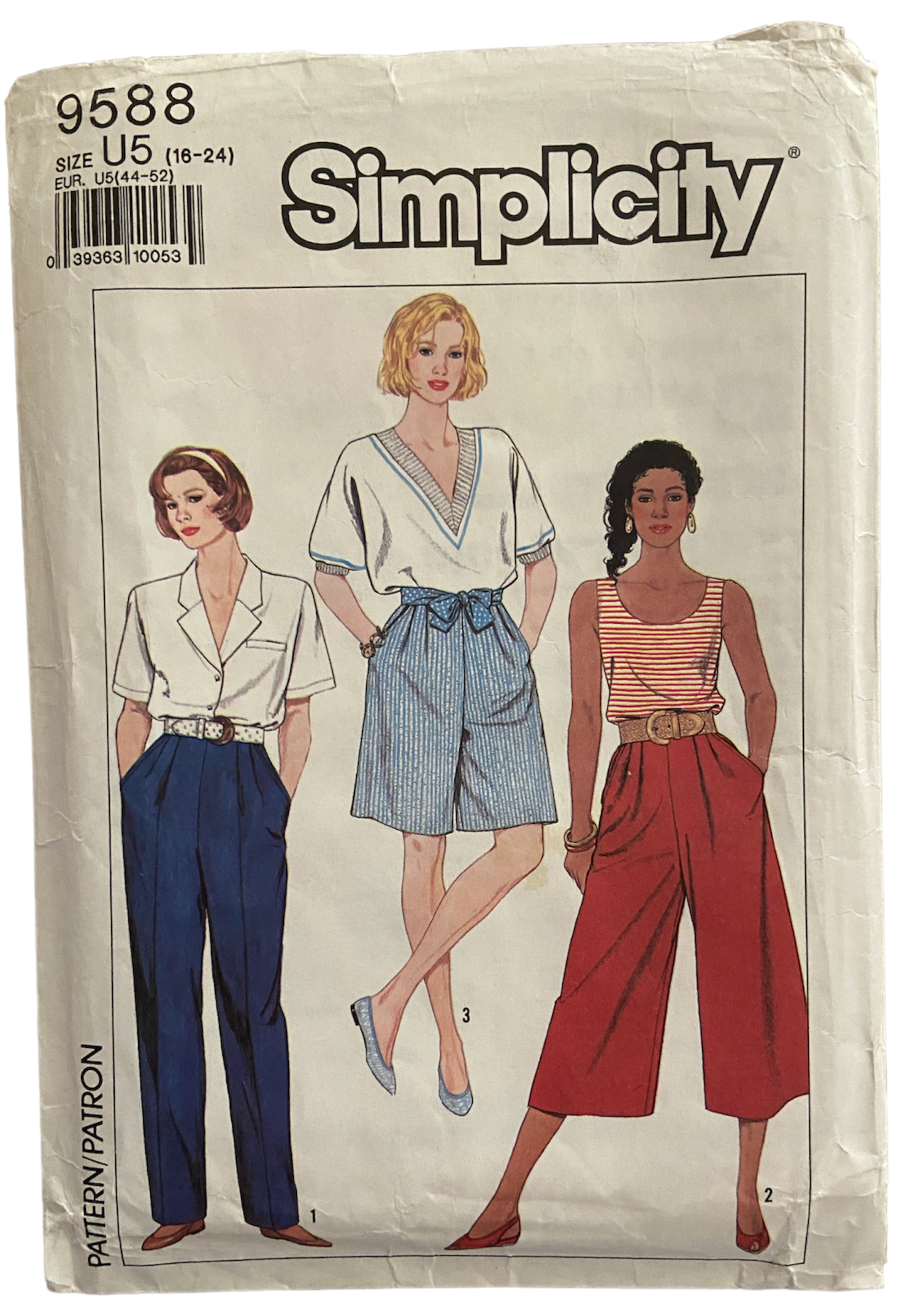 Simplicity 9588 vintage 1990s culottes and pants sewing pattern Waist 30, 32, 34, 37, 39 inches