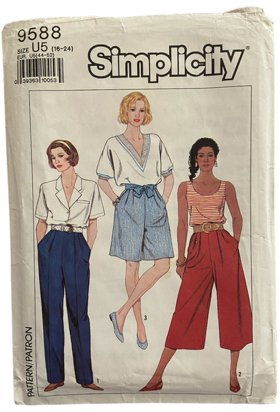 Simplicity 9588 vintage 1990s culottes and pants sewing pattern Waist 30, 32, 34, 37, 39 inches