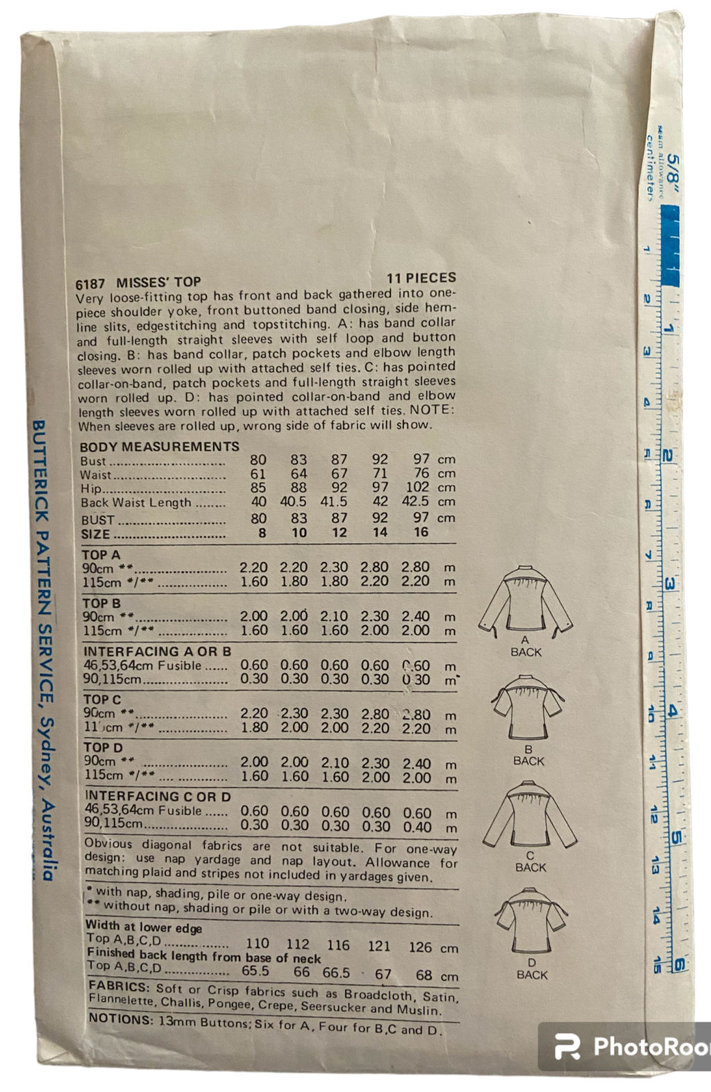 Butterick 6187 vintage 1980s blouse sewing pattern. Bust 32.5 inches