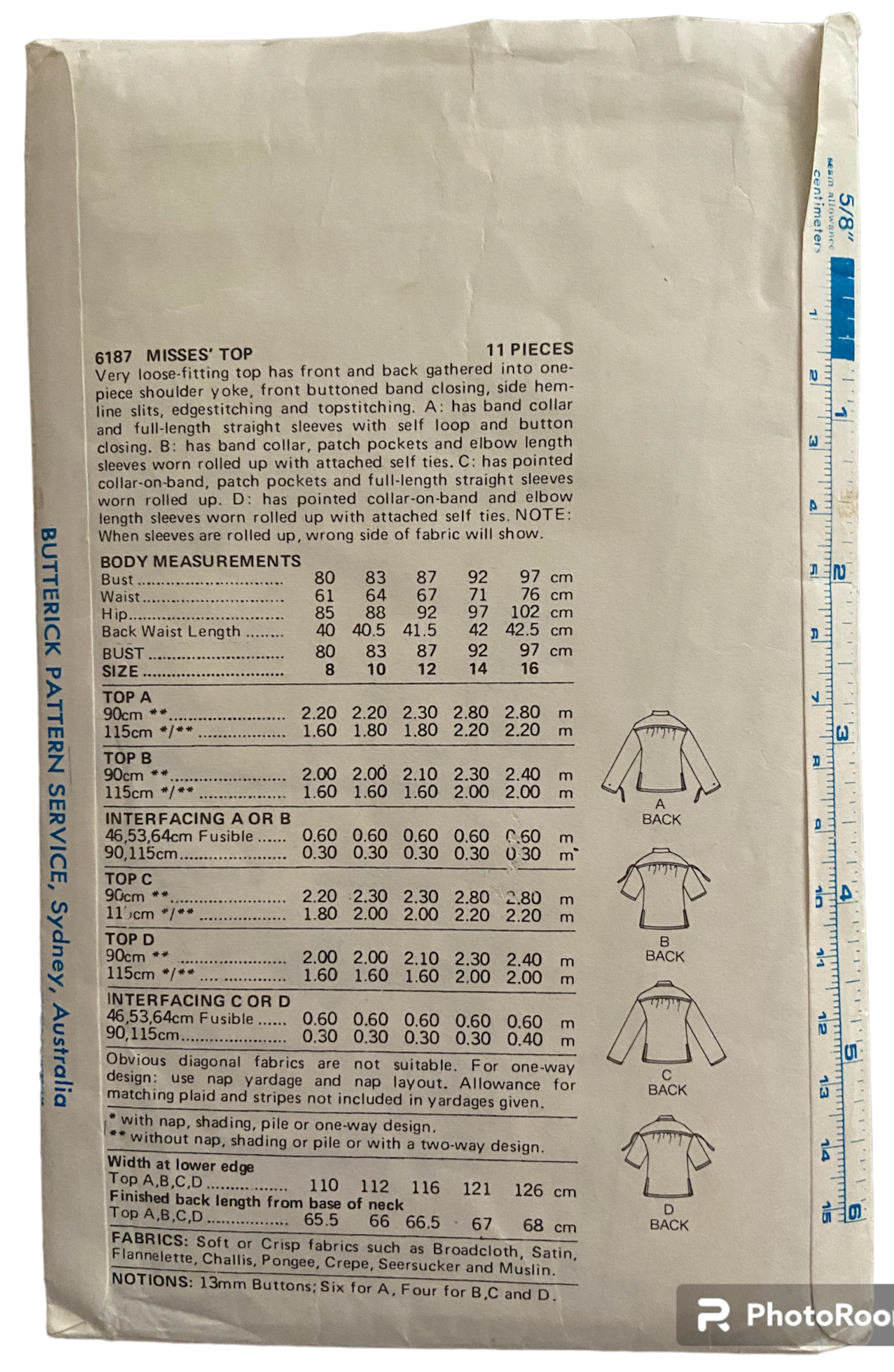 Butterick 6187 vintage 1980s blouse sewing pattern. Bust 32.5 inches