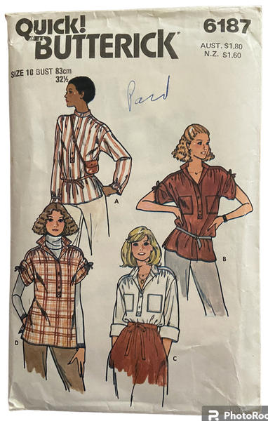 Butterick 6187 vintage 1980s blouse sewing pattern. Bust 32.5 inches