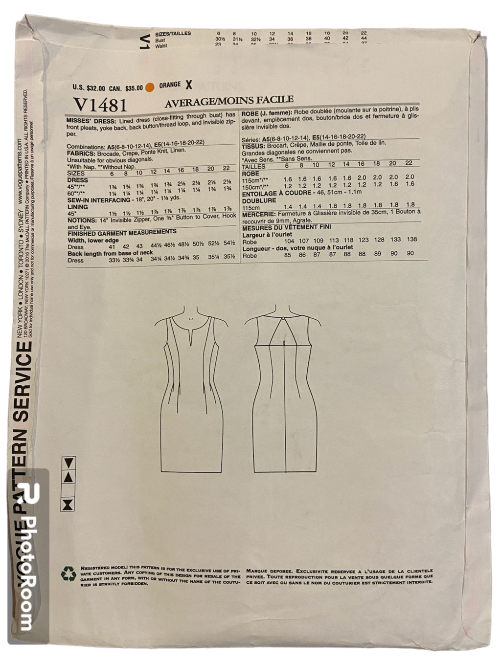Vogue v1481 Vogue American Designer Kay Unger  dress pattern from 2016 Bust 36, 38, 30, 42, 44 inches