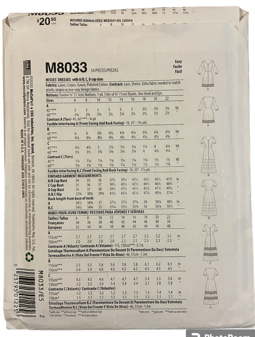 McCall's M8033 dress  sewing pattern from 2020 Bust 36, 38, 30, 42, 44 inches