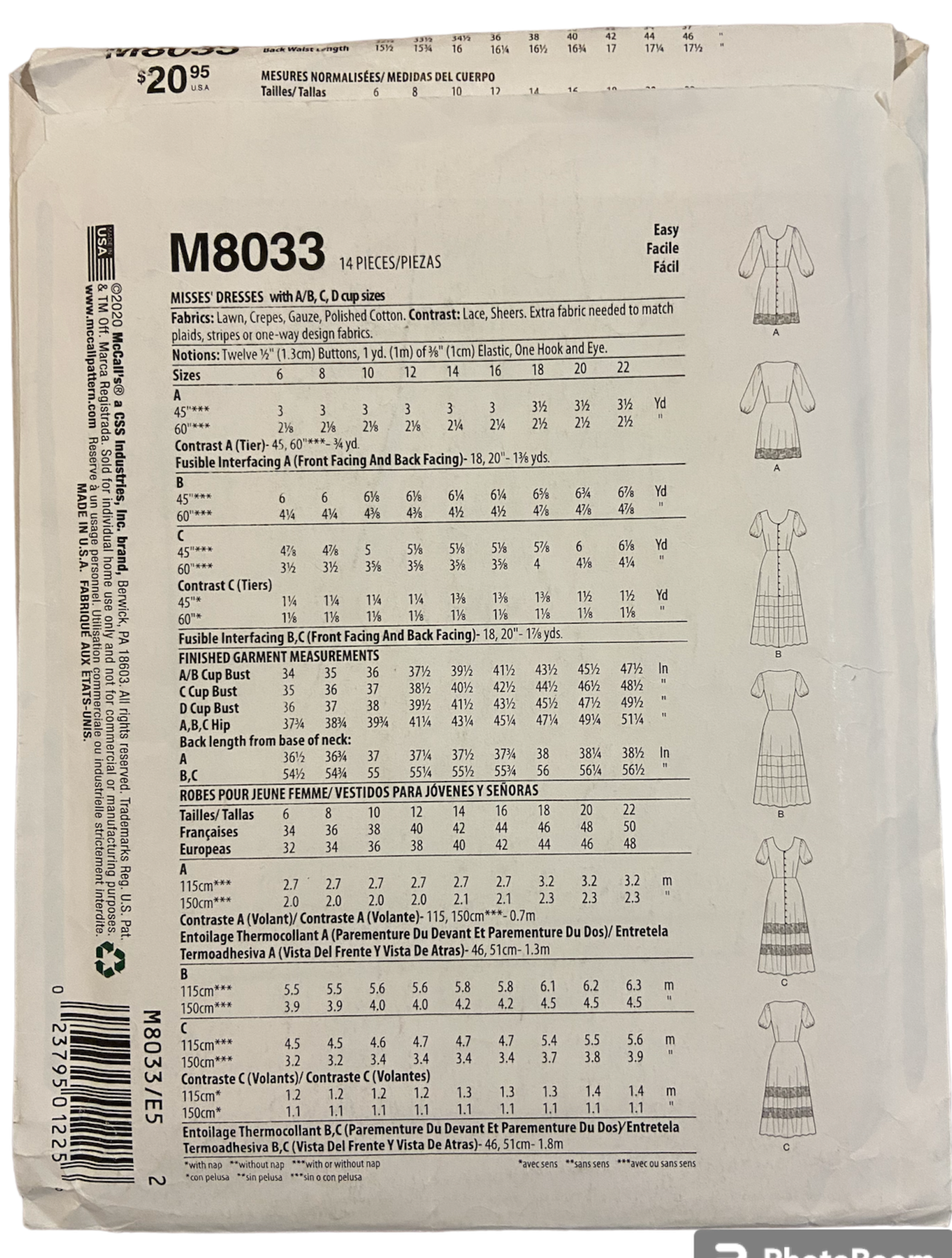 McCall's M8033 dress  sewing pattern from 2020 Bust 36, 38, 30, 42, 44 inches