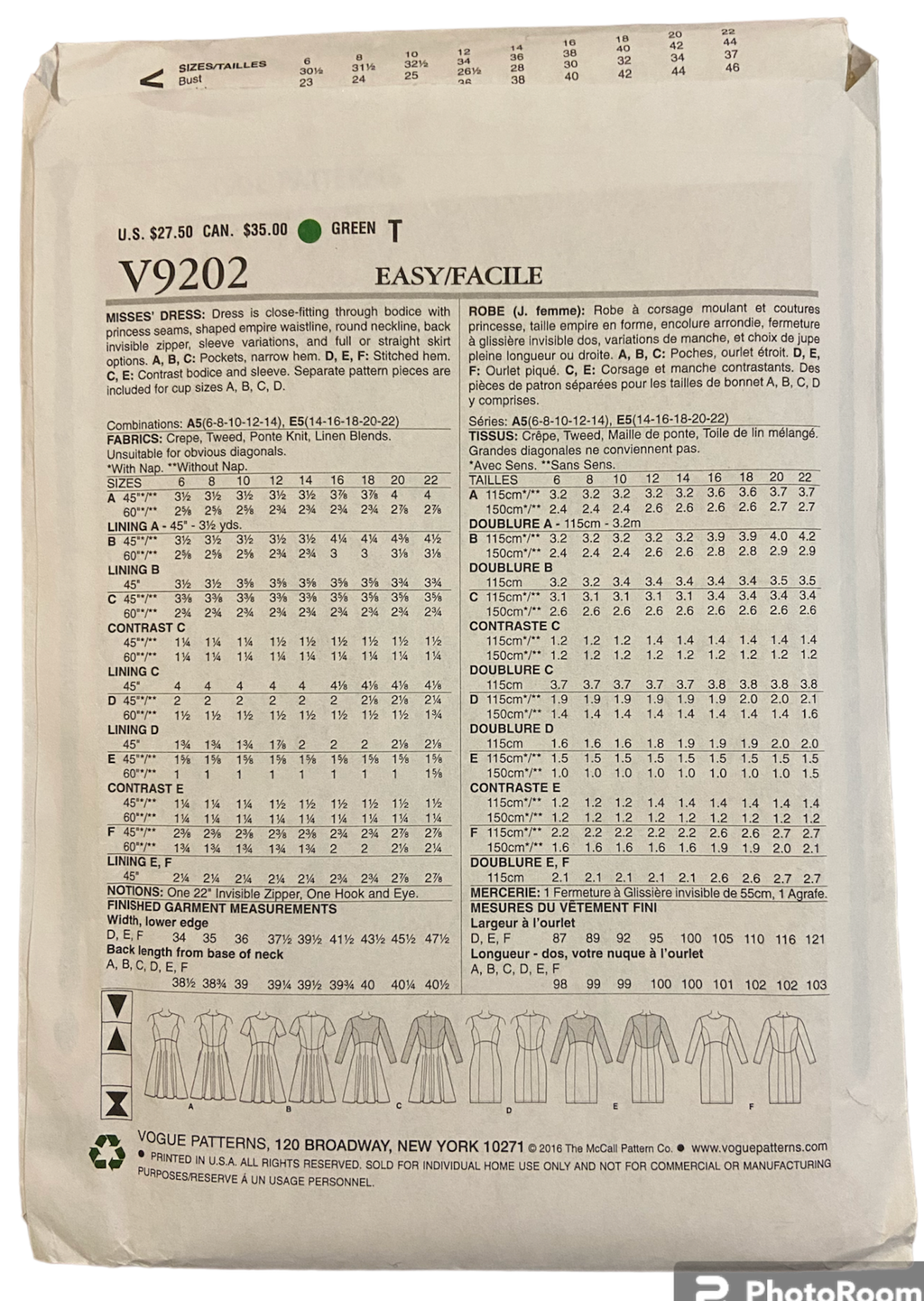 Vogue v9202 Easy Options dress sewing pattern from 2016 Bust 36 - 44 inches