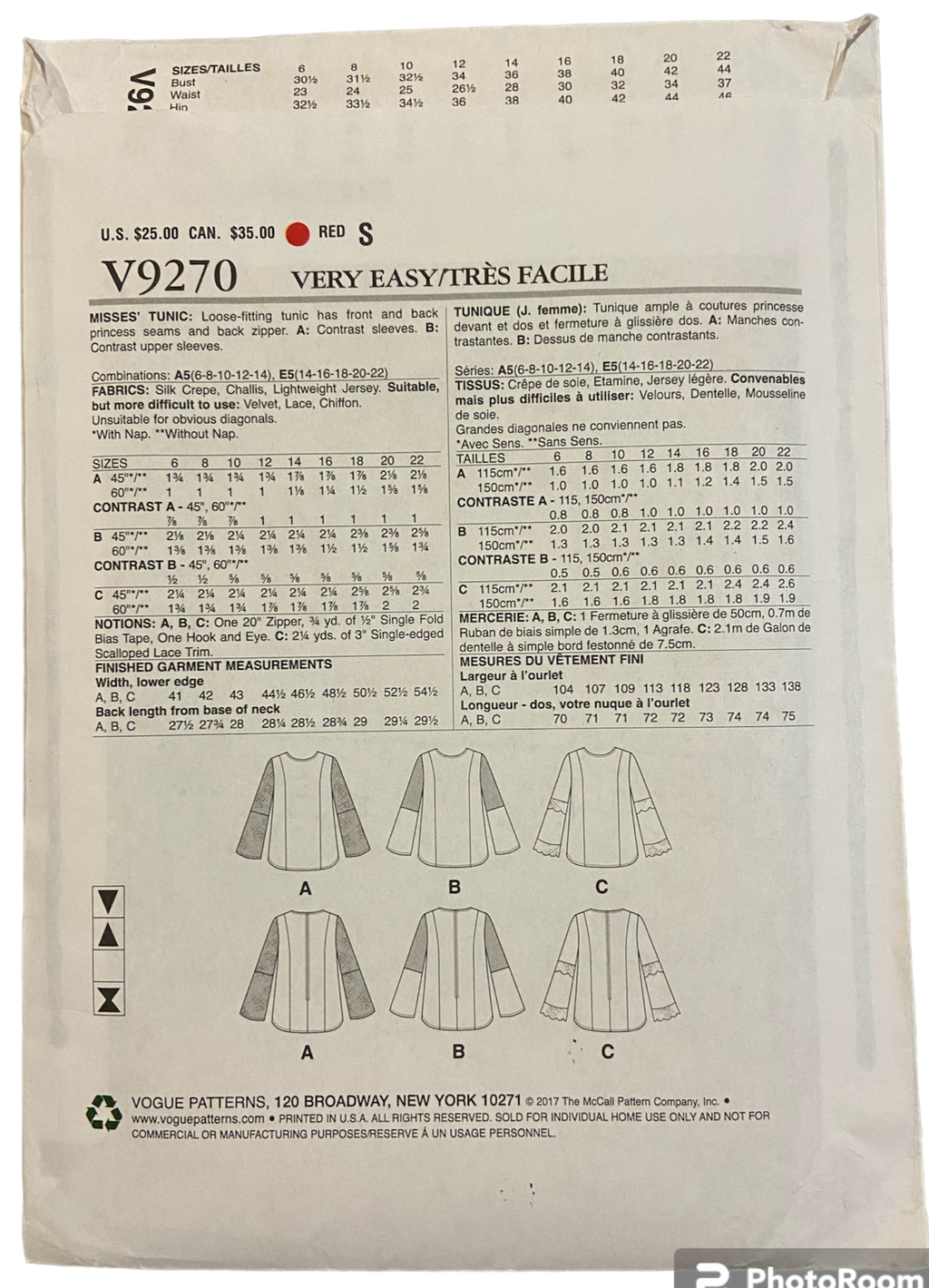 Vogue v9270 Very Easy Vogue tunic sewing pattern from 2017 Bust 36 - 44 inches
