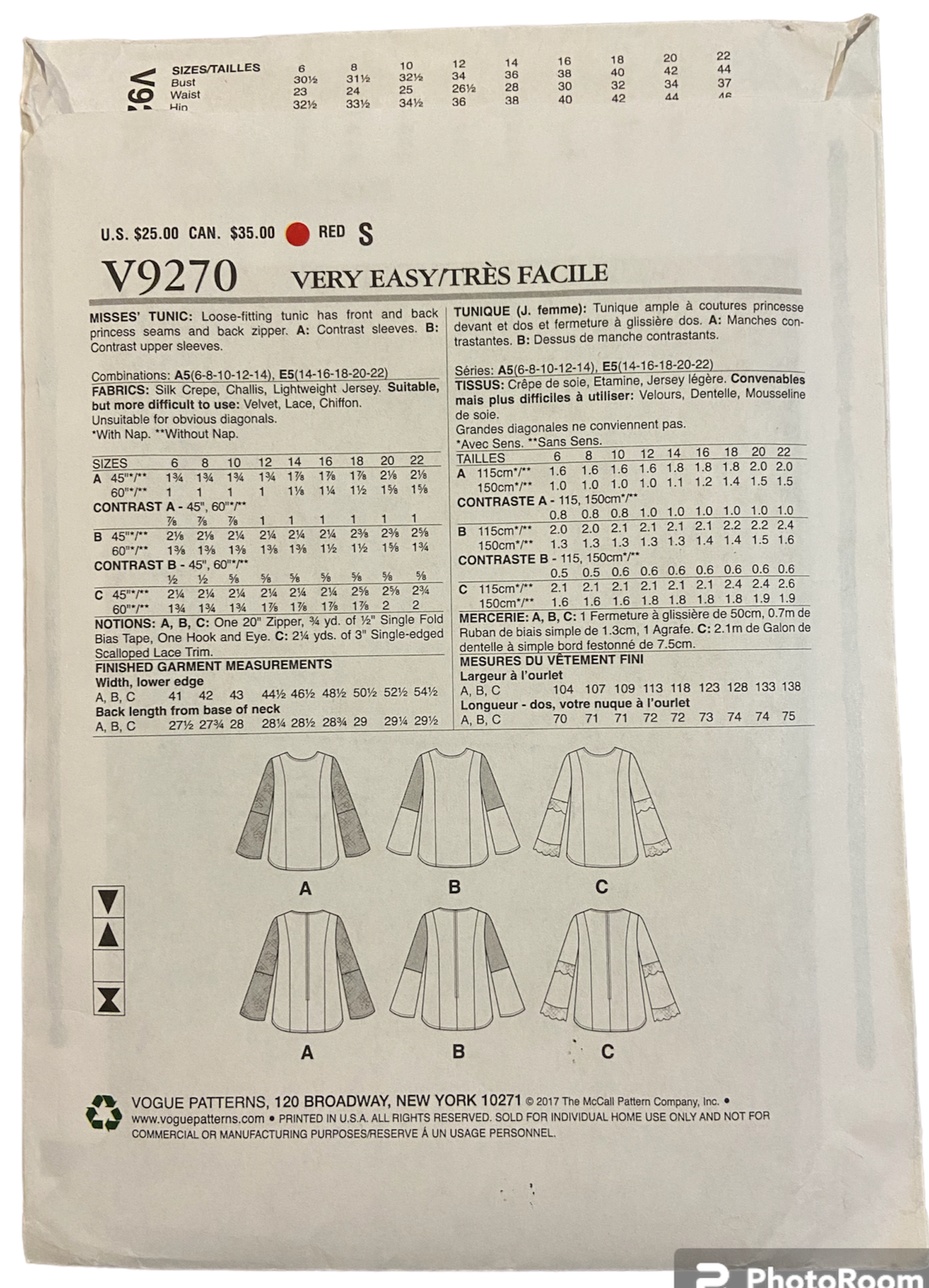 Vogue v9270 Very Easy Vogue tunic sewing pattern from 2017 Bust 36 - 44 inches