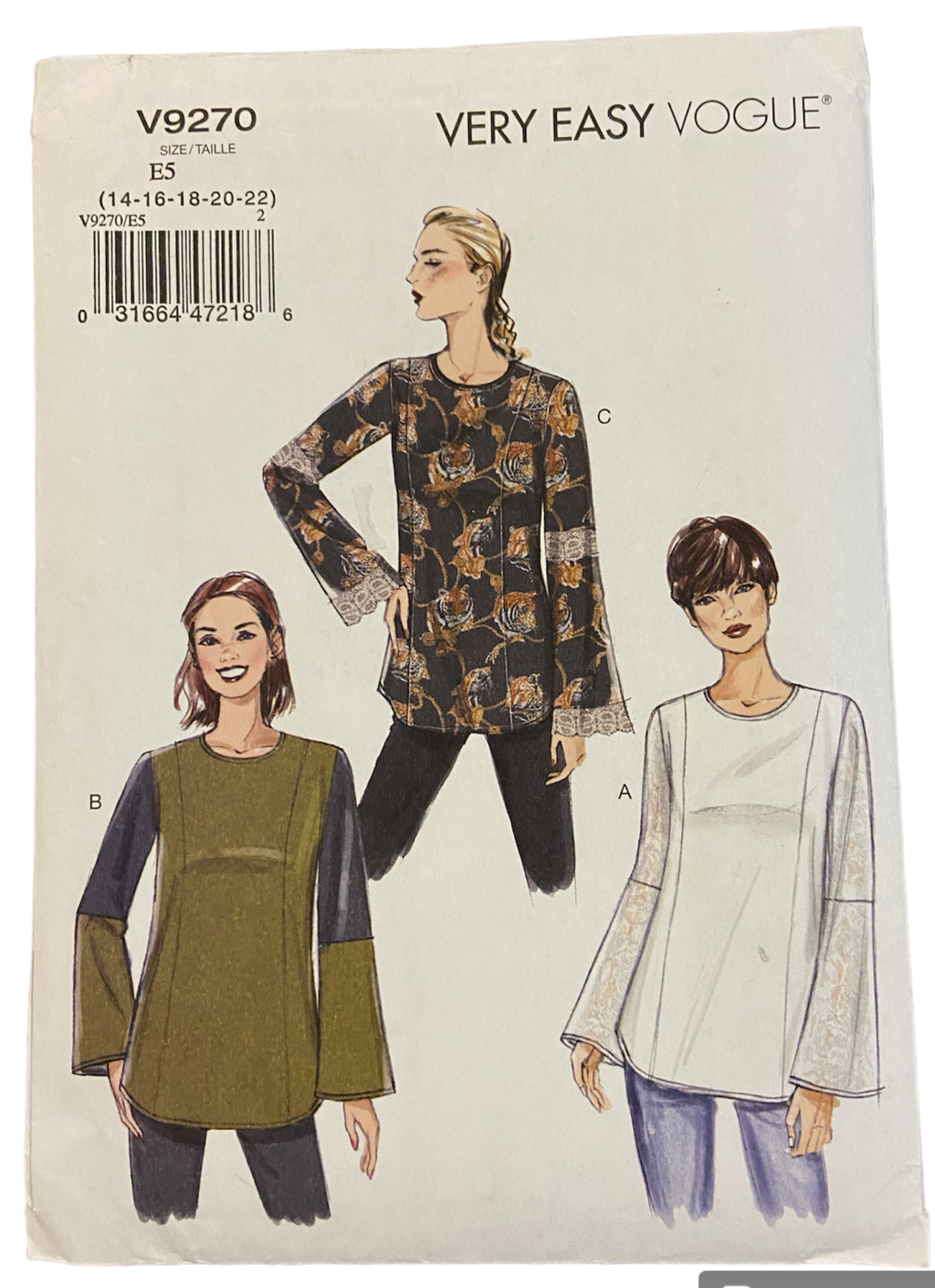 Vogue v9270 Very Easy Vogue tunic sewing pattern from 2017 Bust 36 - 44 inches