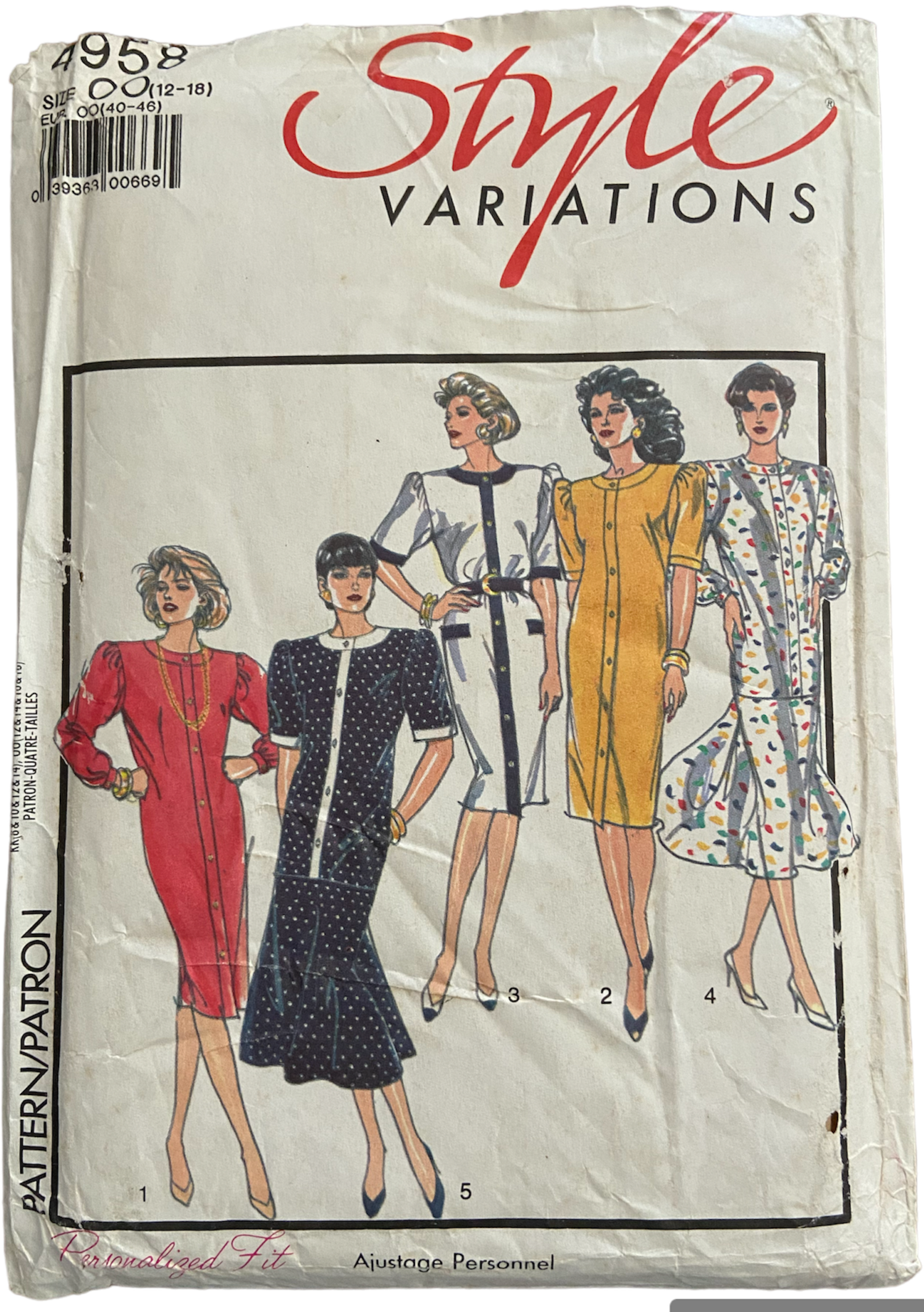 Style 4958 Vintage 1980s dress pattern. Bust 34-40 inches