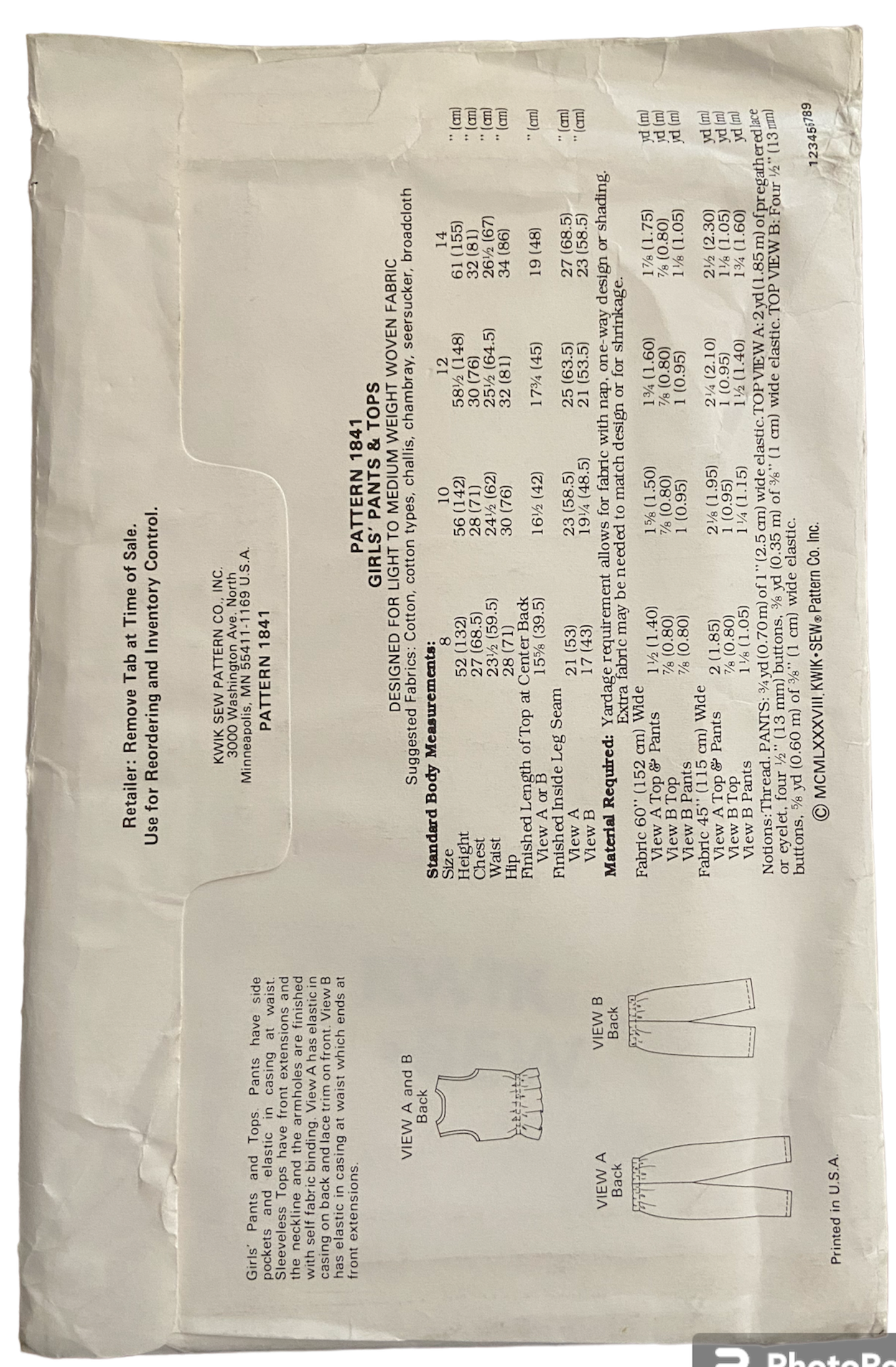 Kwik Sew 1841 Kerstin Martensson vintage 1980s girls' pants and tops sewing pattern. Chest 27-32 inches inches