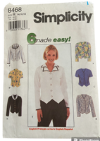 Simplicity 8468 vintage 1990s blouses sewing pattern. Bust 36, 38, 40 inches