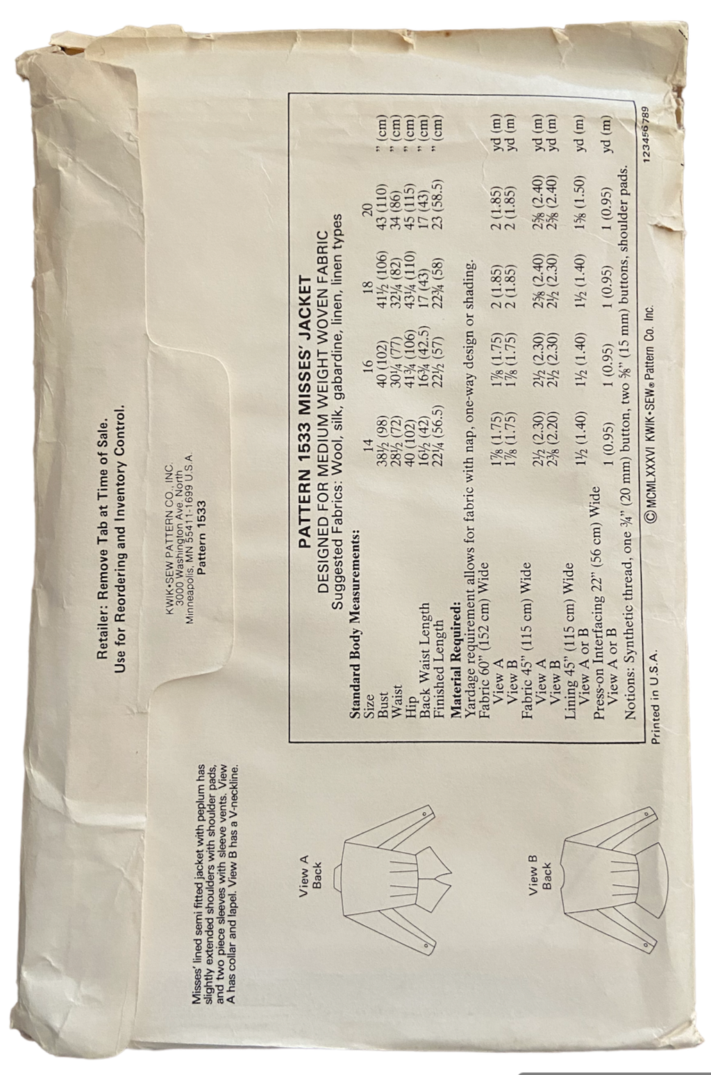 Kwik Sew 1533 Kerstin Martensson vintage 1980s peplum jacket sewing pattern. Bust 38.5-43 inches