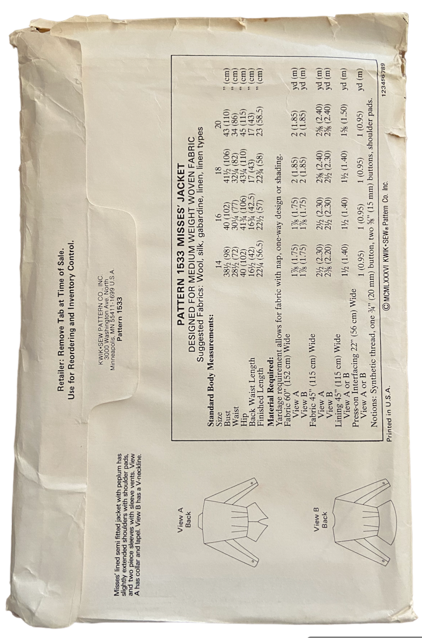 Kwik Sew 1533 Kerstin Martensson vintage 1980s peplum jacket sewing pattern. Bust 38.5-43 inches