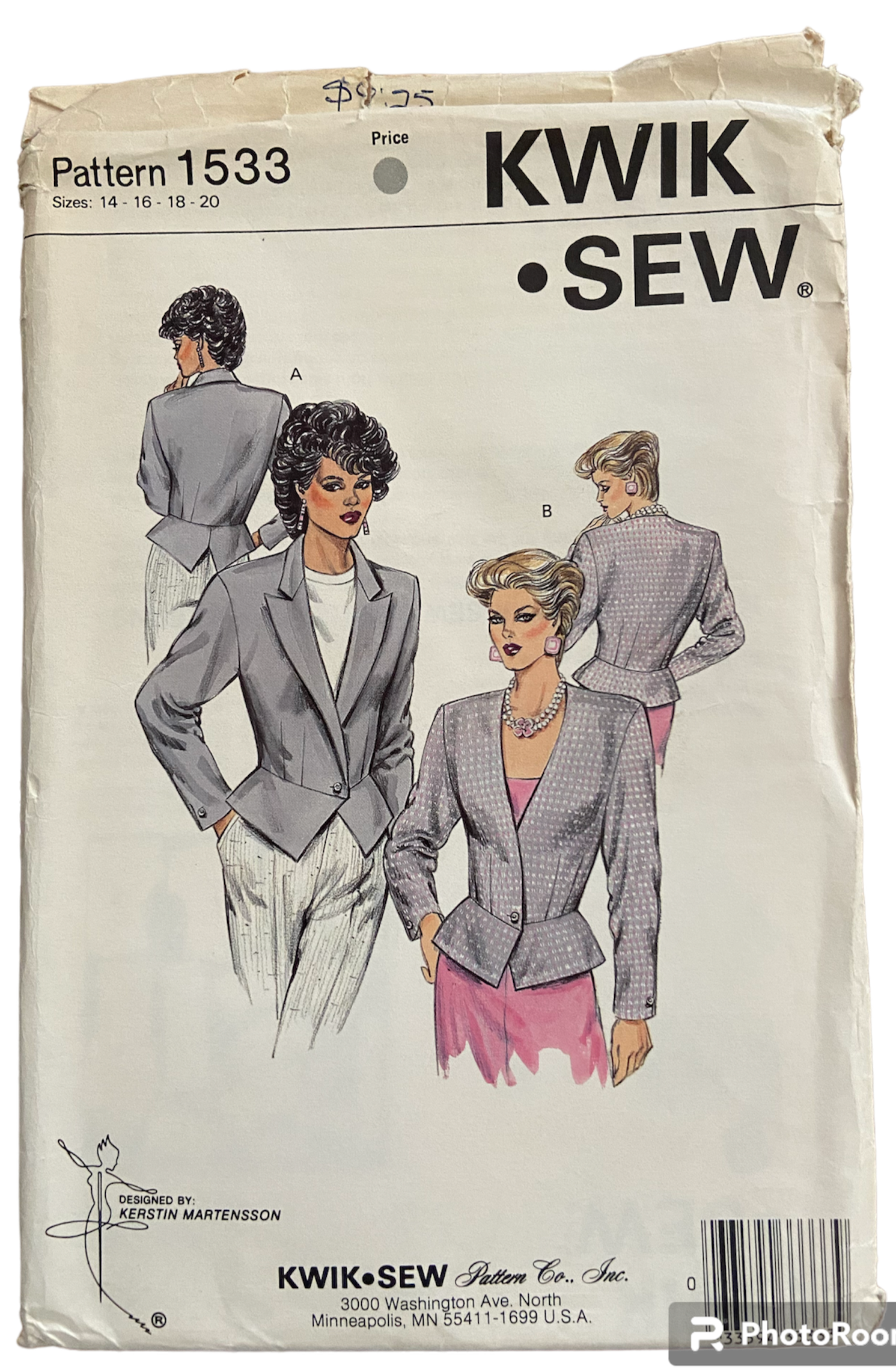 Kwik Sew 1533 Kerstin Martensson vintage 1980s peplum jacket sewing pattern. Bust 38.5-43 inches