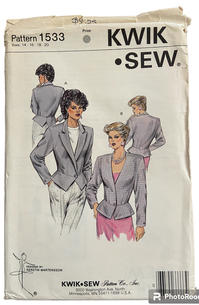 Kwik Sew 1533 Kerstin Martensson vintage 1980s peplum jacket sewing pattern. Bust 38.5-43 inches
