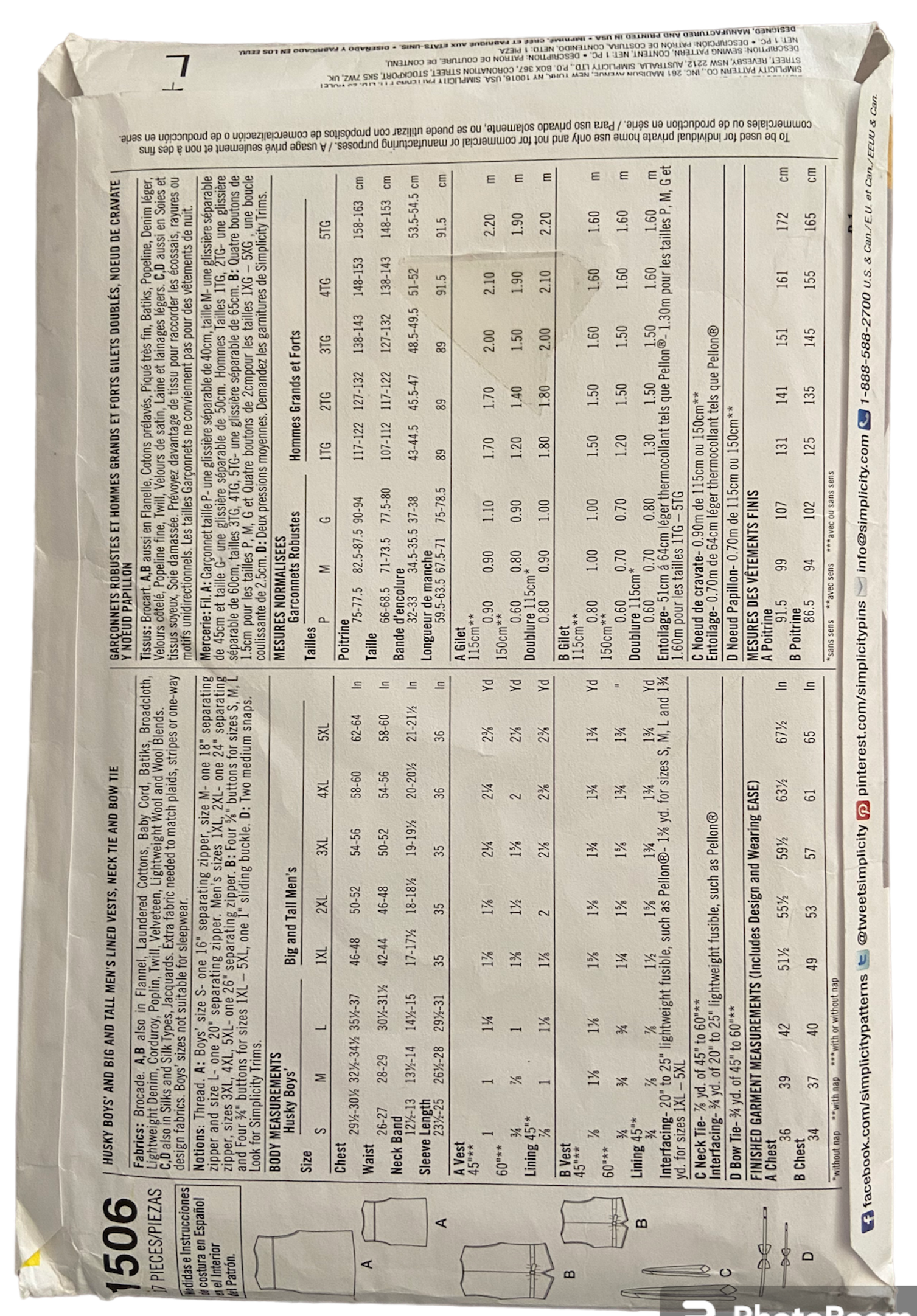 Simplicity 1506A men's and boy's ties and vest sewing pattern from 2013. Husky boy's and big men's sizes