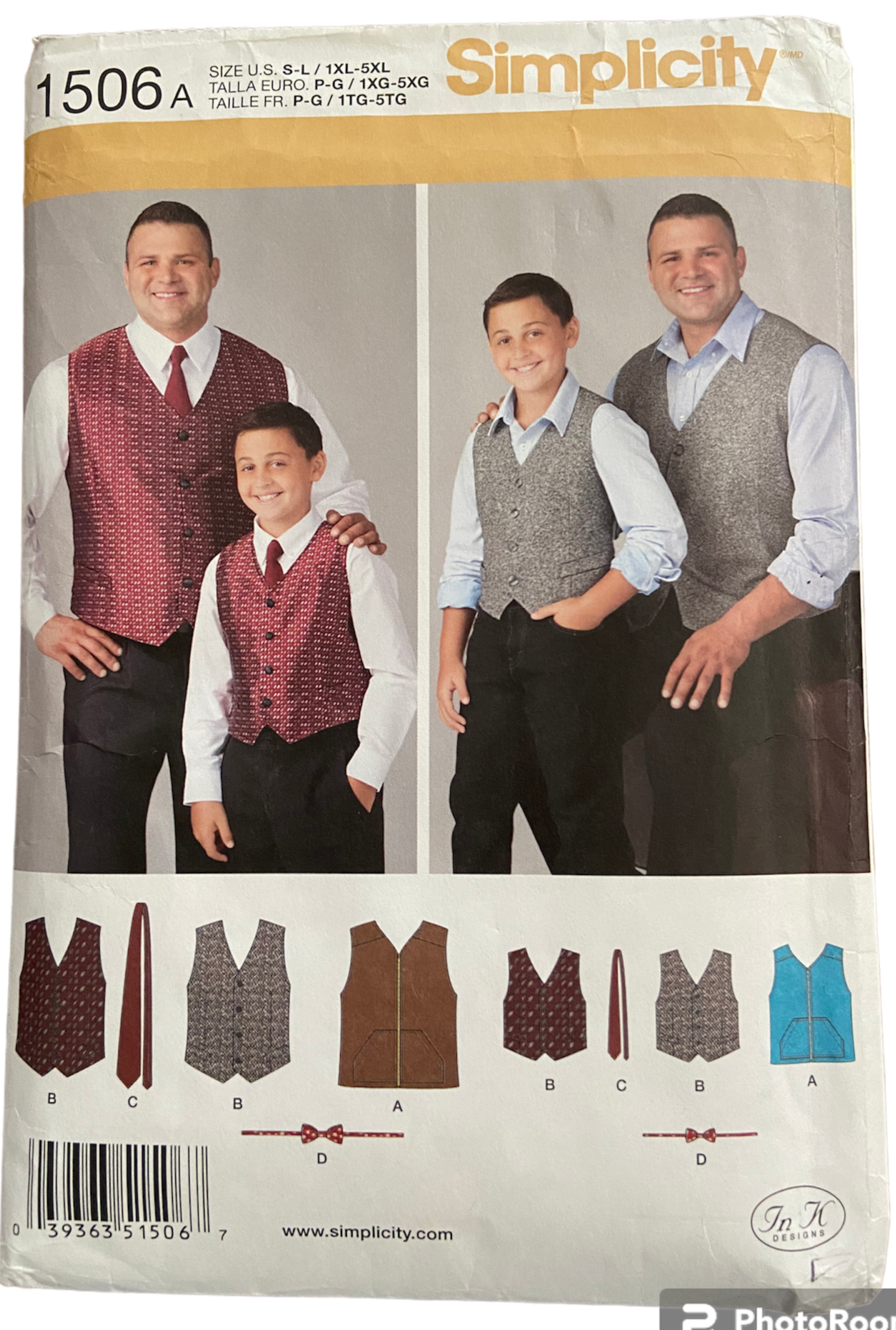 Simplicity 1506A men's and boy's ties and vest sewing pattern from 2013. Husky boy's and big men's sizes