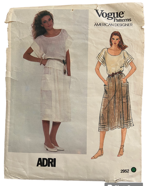 Vintage 1980s Vogue American Designer 2952 Adri skirt and top sewing pattern Bust 32.5 inches.