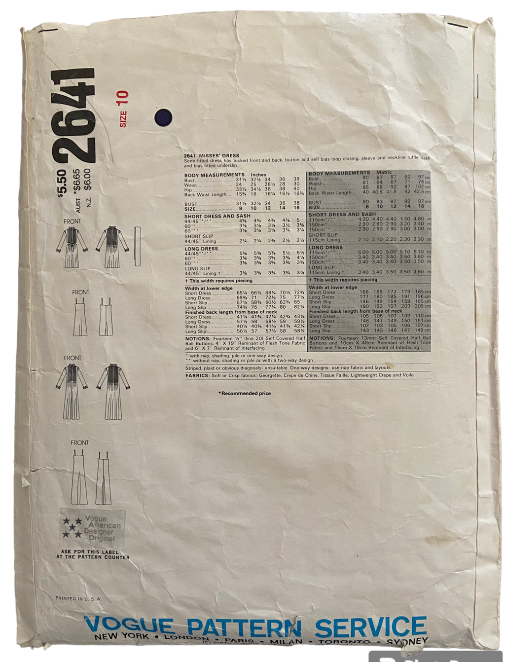 Vogue 2641 vintage dress sewing pattern American Designers Albert Nipon Bust 32.5 inches.