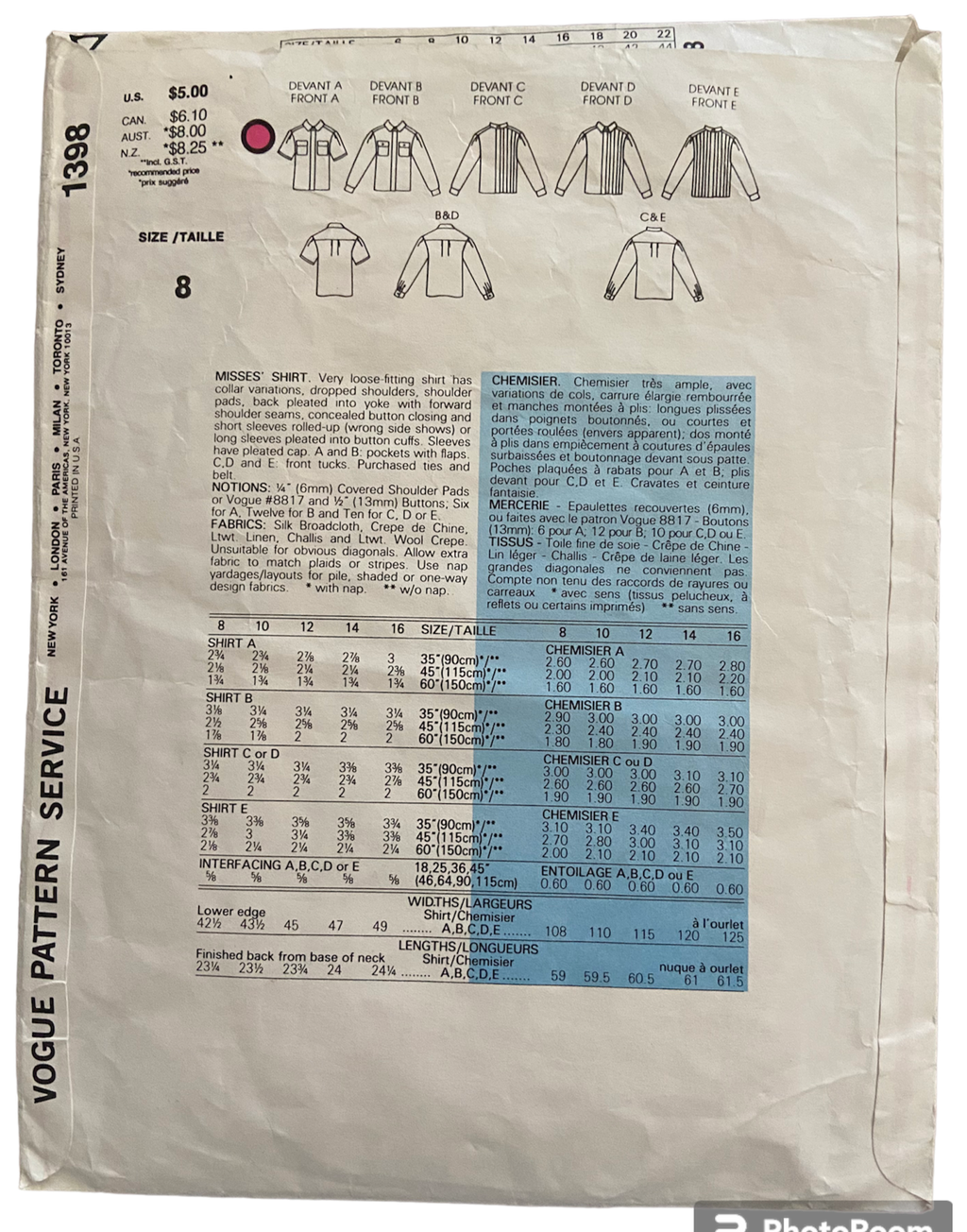 Vogue Basic Design 1398 vintage 1980s blouse sewing pattern. Bust 31.5 inches.
