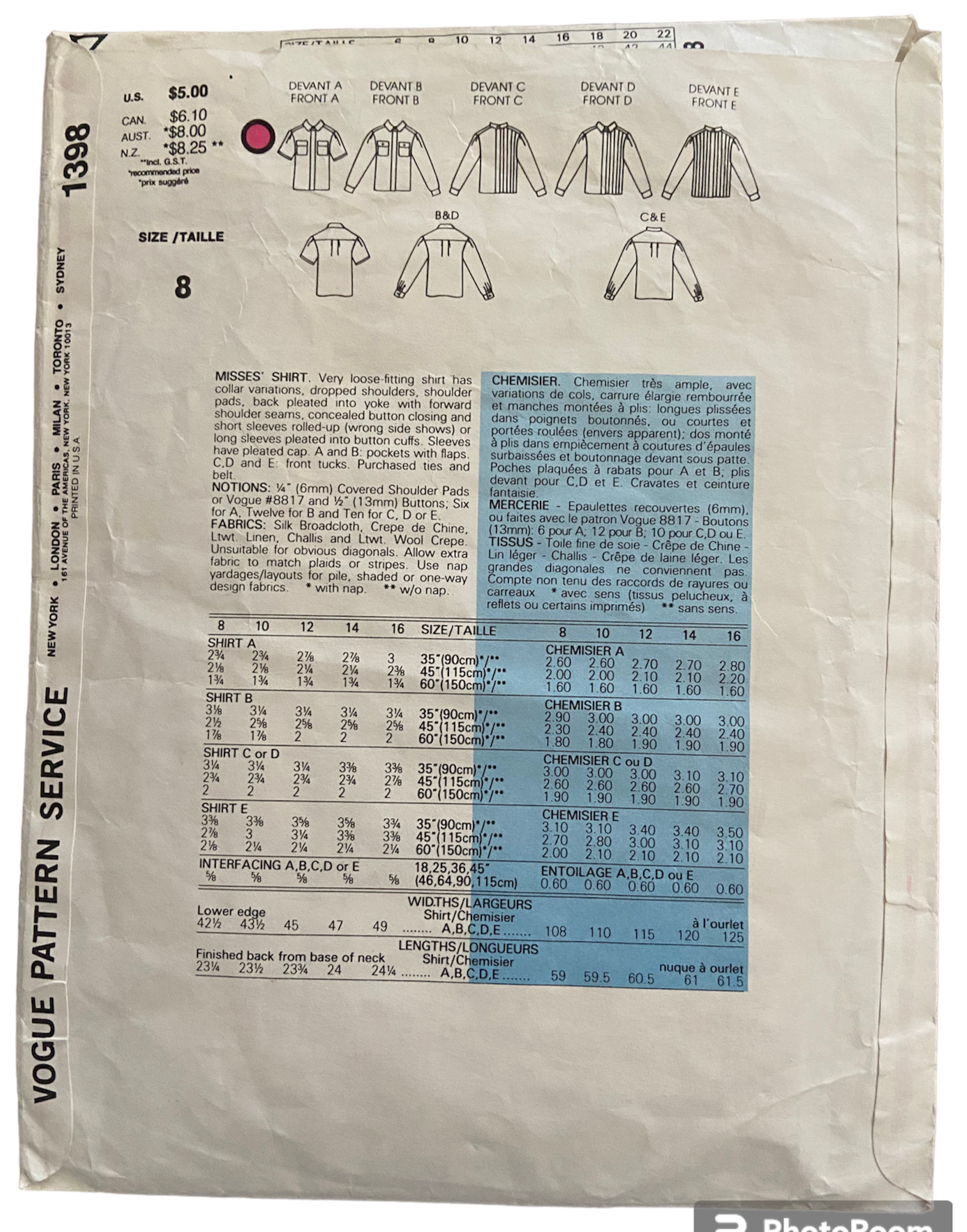 Vogue Basic Design 1398 vintage 1980s blouse sewing pattern. Bust 31.5 inches.