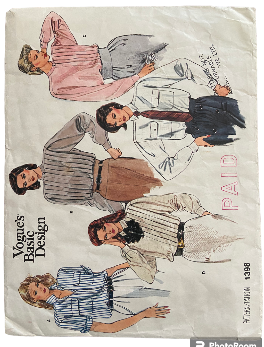 Vogue Basic Design 1398 vintage 1980s blouse sewing pattern. Bust 31.5 inches.
