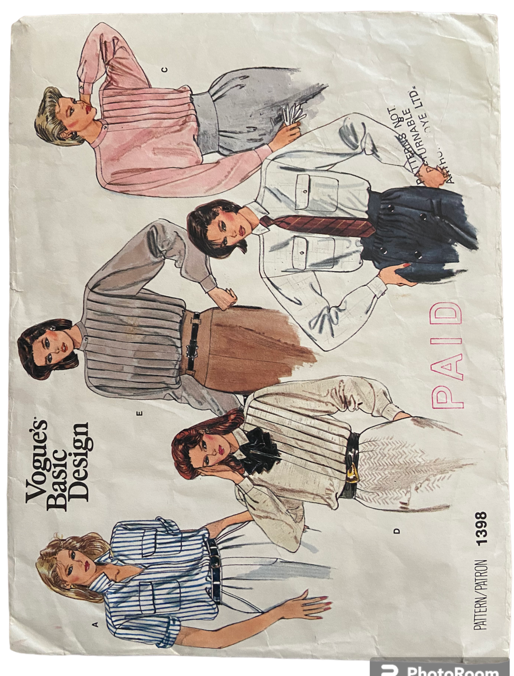 Vogue Basic Design 1398 vintage 1980s blouse sewing pattern. Bust 31.5 inches.